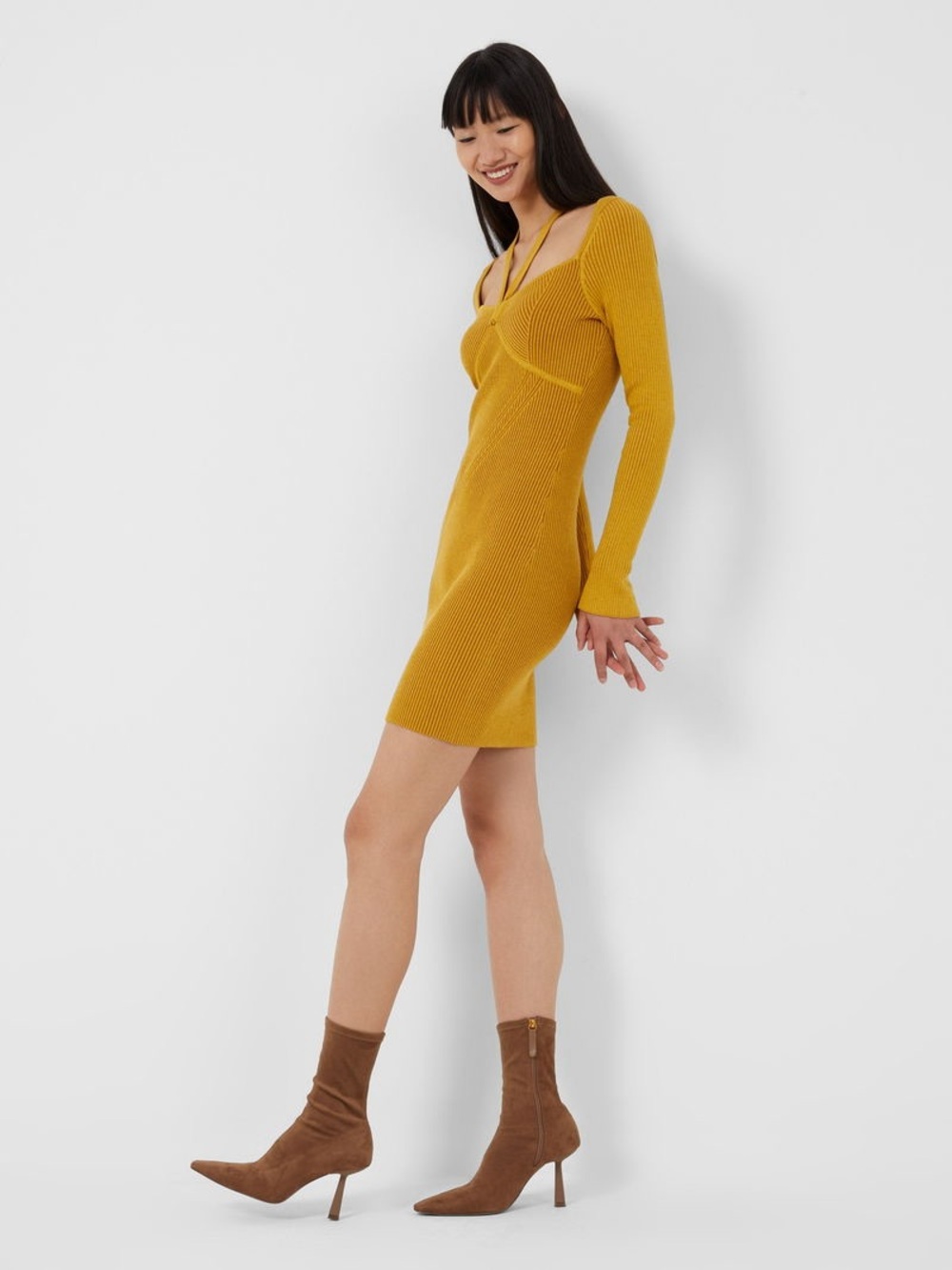 French Connection Mustard Ribbed Long-Sleeve Knit Dress